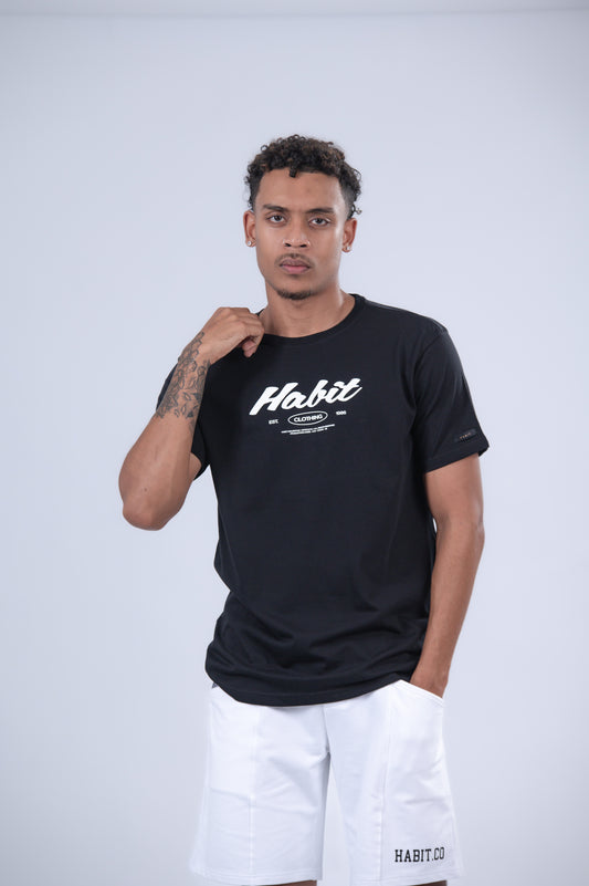 A black short-sleeve t-shirt with a white 'Habit' logo on the chest.